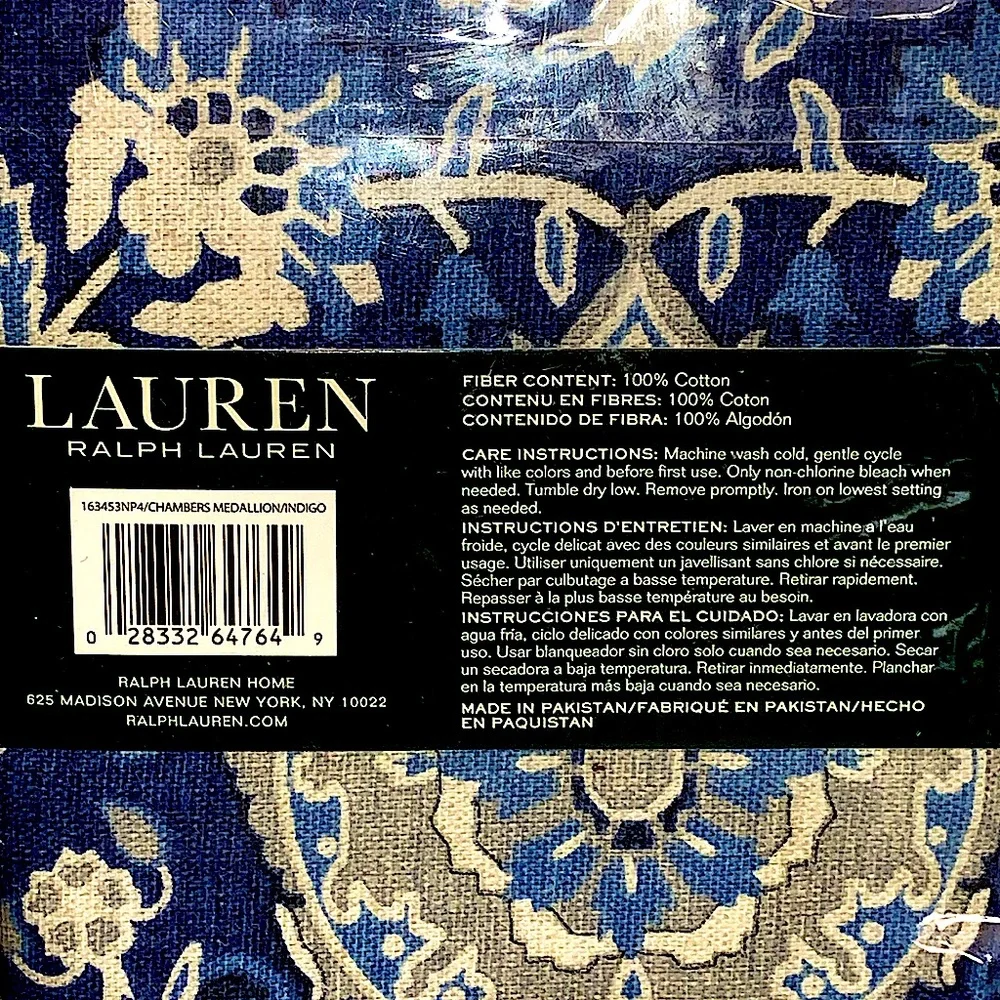 RALPH LAUREN CHAMBERS MEDALLION INFIGO SET OF 4 NAPKINS NWT COTTON 20 BY 20